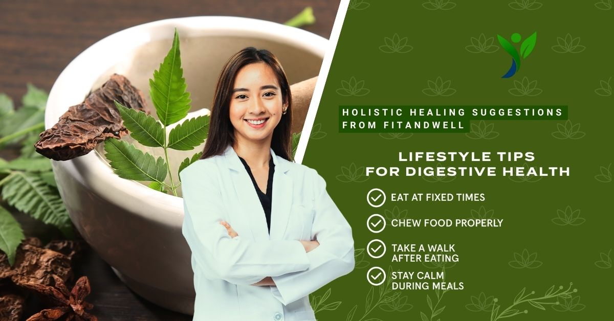 Healthy lifestyle tips for digestive health featuring Indian home remedies, with a doctor in a lab coat and natural herbs displayed in a bowl.
