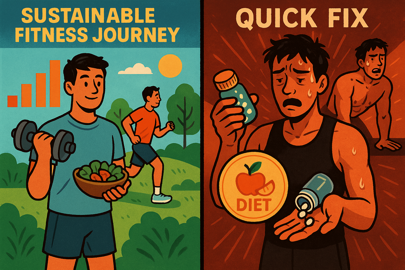 Getting healthy in 2025: split image showing a sustainable fitness journey with exercise and salad, versus a quick fix approach with pills and diet shortcuts