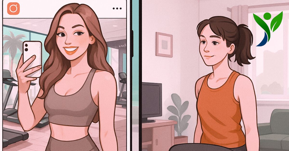 Split illustration of a woman documenting her fitness journey; on the left, she poses at the gym with healthy meals shown in an Instagram frame, and on the right, she exercises at home with a plate of food nearby.