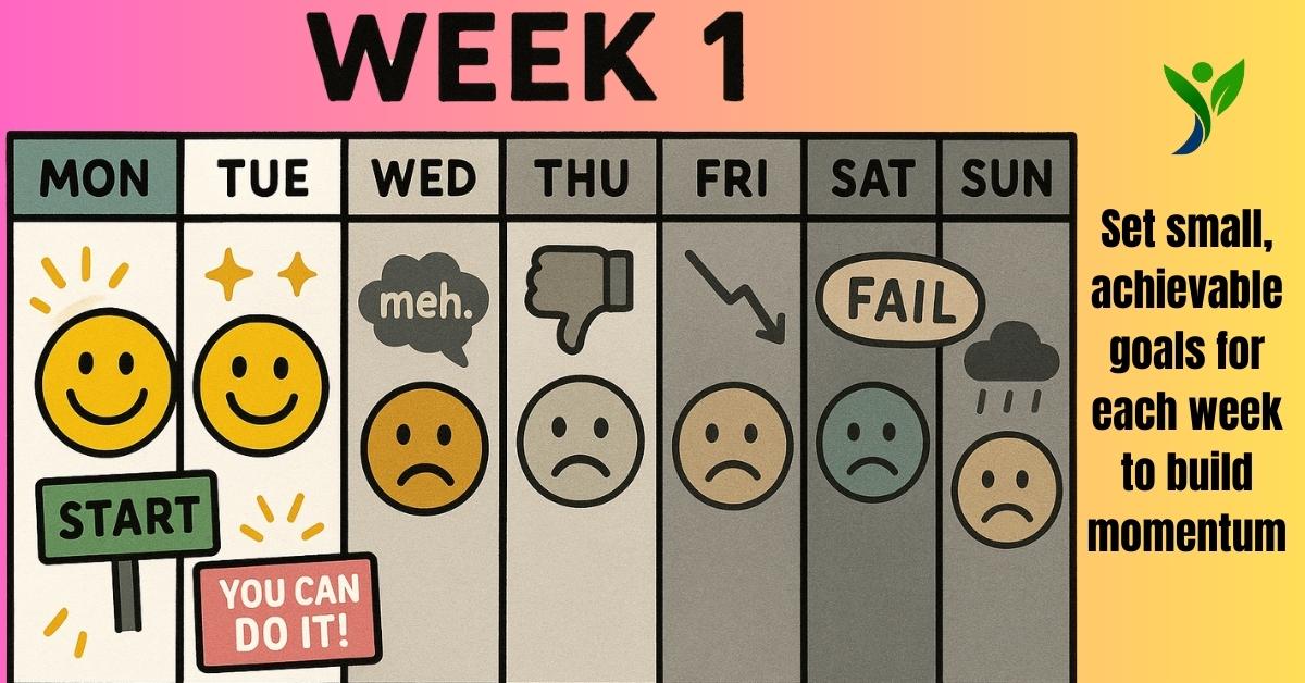 A weekly progress chart titled "Week 1" illustrates varying moods throughout the week, beginning with optimism on Monday and Tuesday and fading into neutral and sad emotions by Sunday, highlighting the challenge of maintaining motivation when getting healthy in 2025