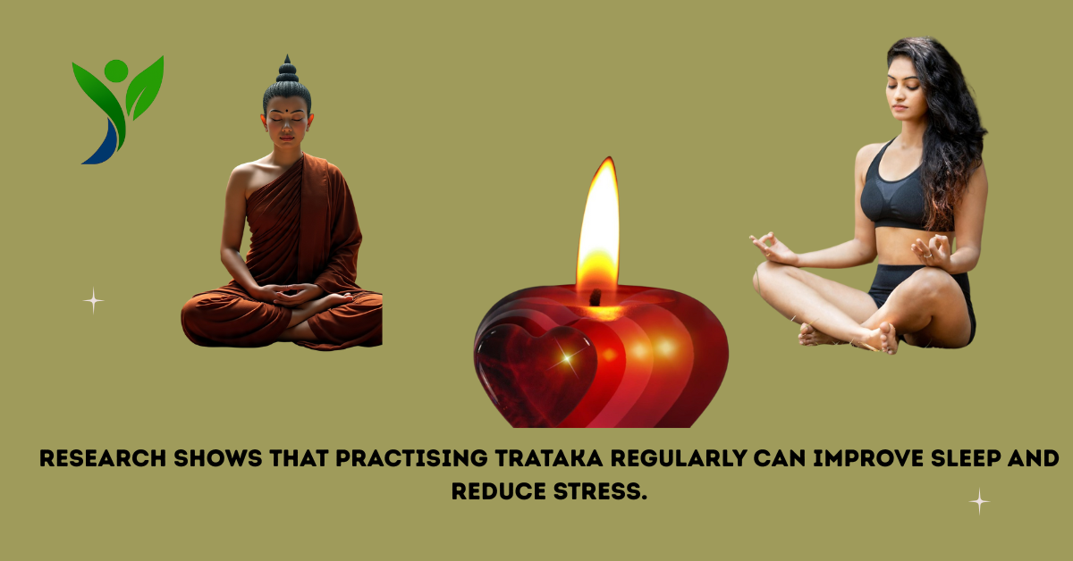 Woman and monk meditating around a heart-shaped candle, illustrating Trataka meditation benefits for sleep and stress reduction.