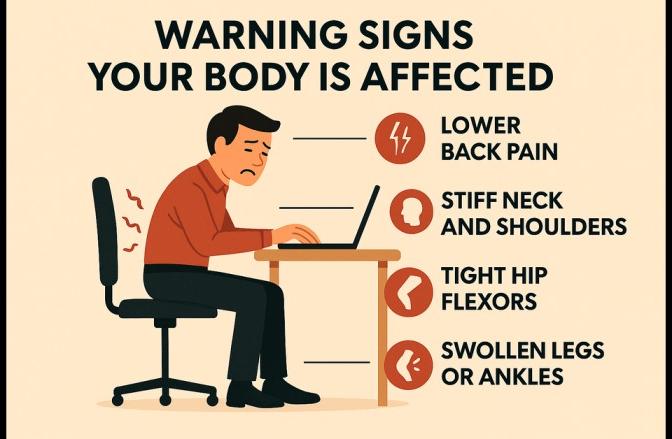 Illustration showing a person sitting at a desk with a computer highlighting health hazards of prolonged sitting: lower back pain, stiff neck and shoulders, tight hip flexors, and swollen legs or ankles.