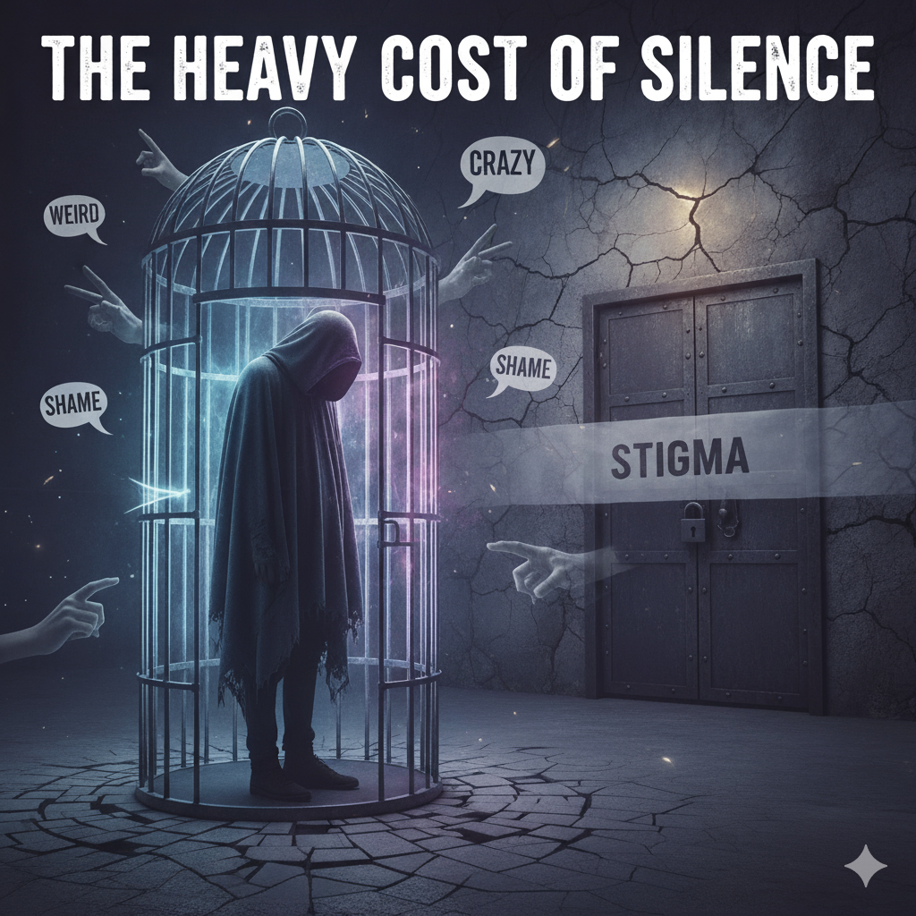 A hooded person trapped in a glowing cage surrounded by words like shame, crazy, and weird, symbolizing mental health stigma and silence