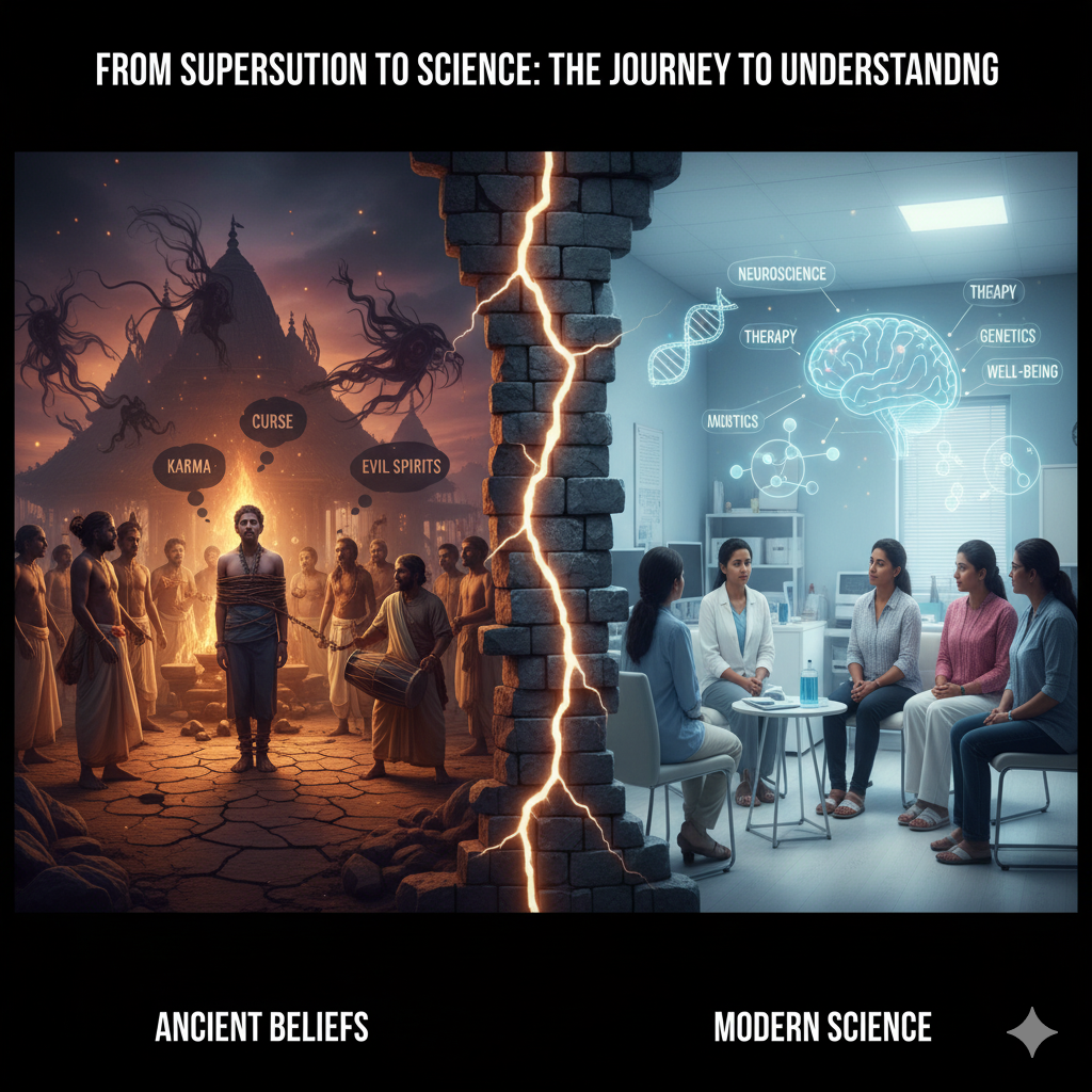 Split image showing ancient beliefs of karma, curses, and evil spirits versus modern science with therapy, neuroscience, and genetics, symbolizing the shift in understanding mental health.