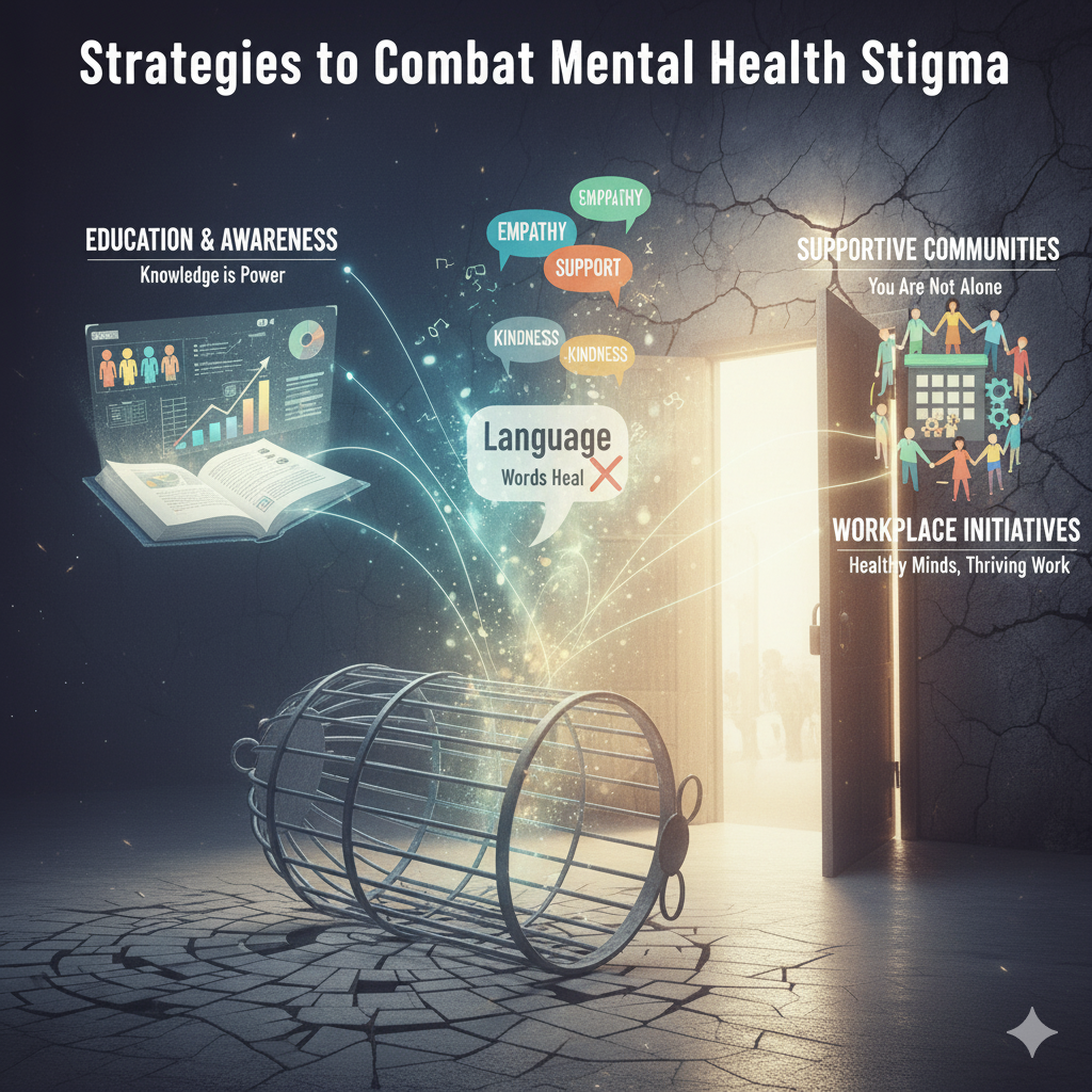 Illustration showing strategies to combat mental health stigma, including education, awareness, supportive communities, workplace initiatives, and positive language.