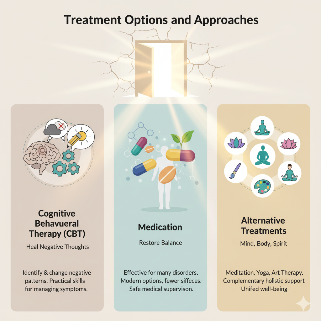 nfographic showing mental health treatment options: Cognitive Behavioural Therapy (CBT), medication, and alternative treatments like yoga and art therapy.
