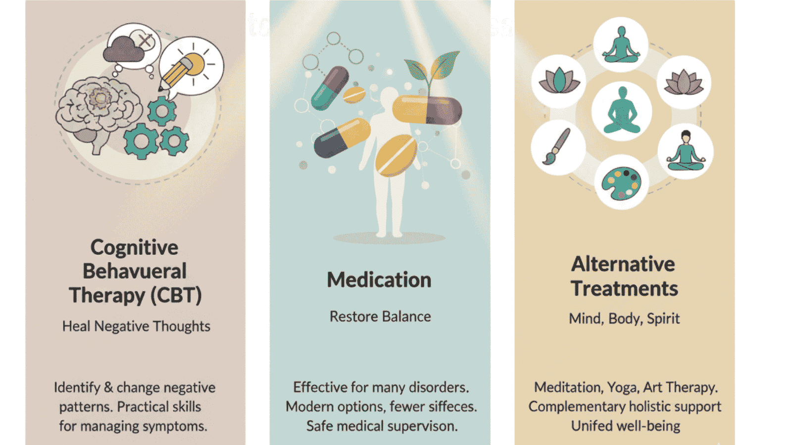 nfographic comparing mental health treatment options including cognitive behavioural therapy (CBT), medication, meditation, yoga, and other complementary therapies.