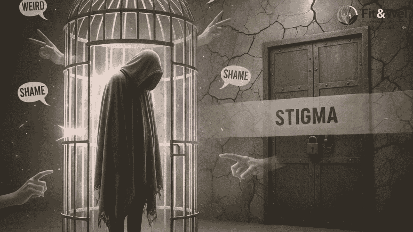 Illustration depicting mental health stigma with a hooded person trapped inside a cage while surrounded by judgement, shame, and social isolation.