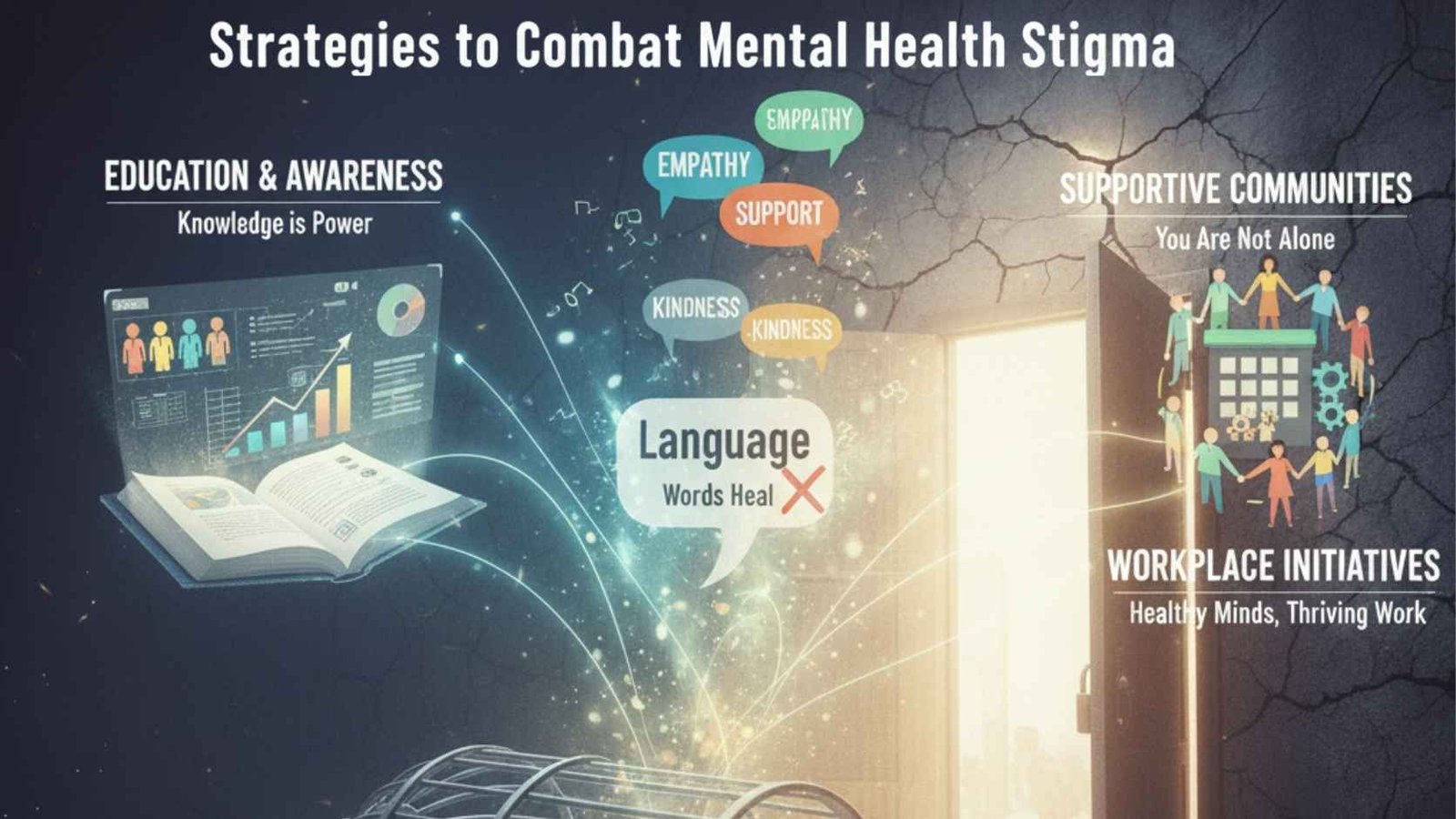Infographic showing effective strategies to combat mental health stigma through education, empathy, supportive communities, and workplace initiatives.