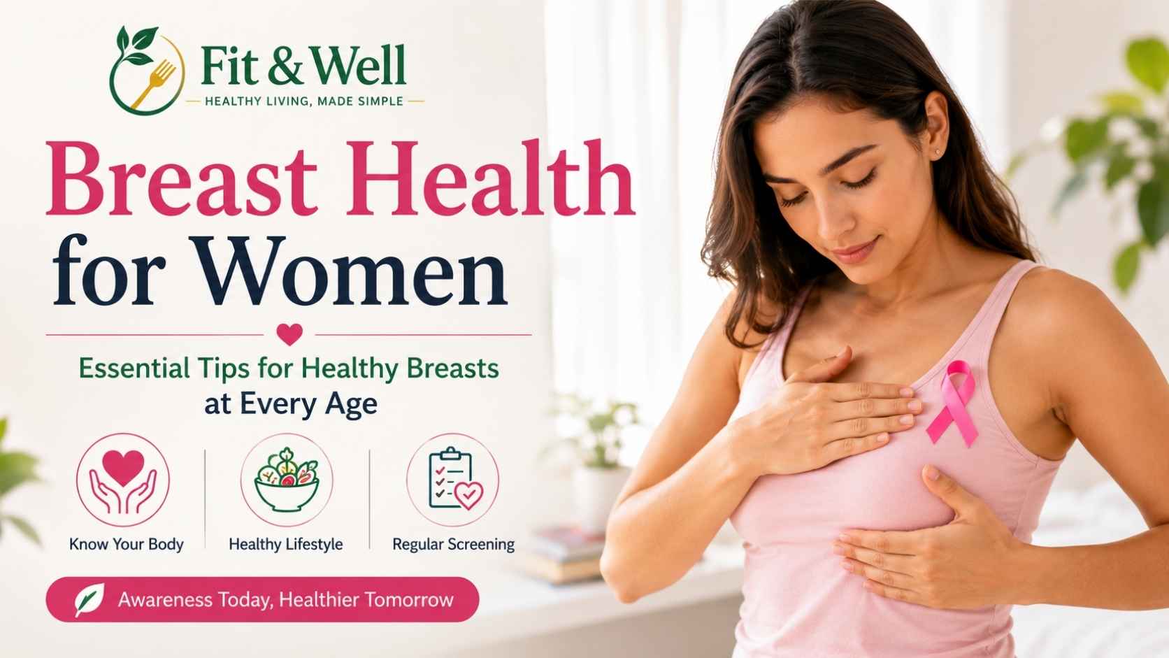 Woman performing a breast self-check to promote breast self-awareness, regular screening, and healthy lifestyle habits.