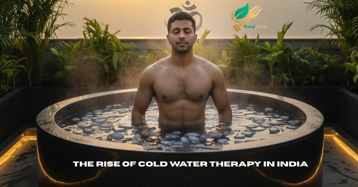 A man practicing cold water therapy in India, sitting calmly in an ice bath for wellness and recovery.