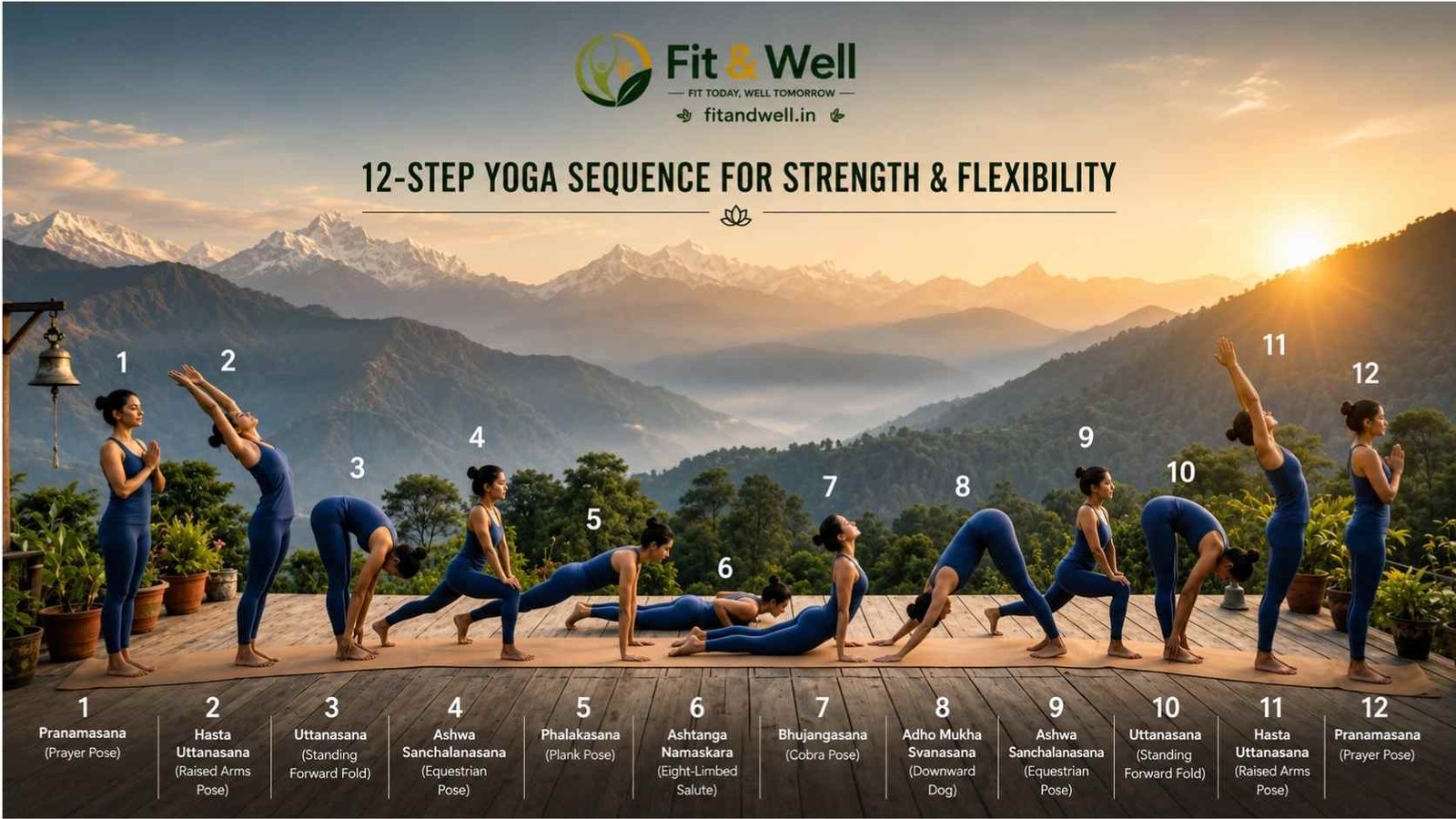 12-step yoga sequence demonstrating the best yoga asanas for weight loss, strength, flexibility, and overall fitness in a mountain setting.