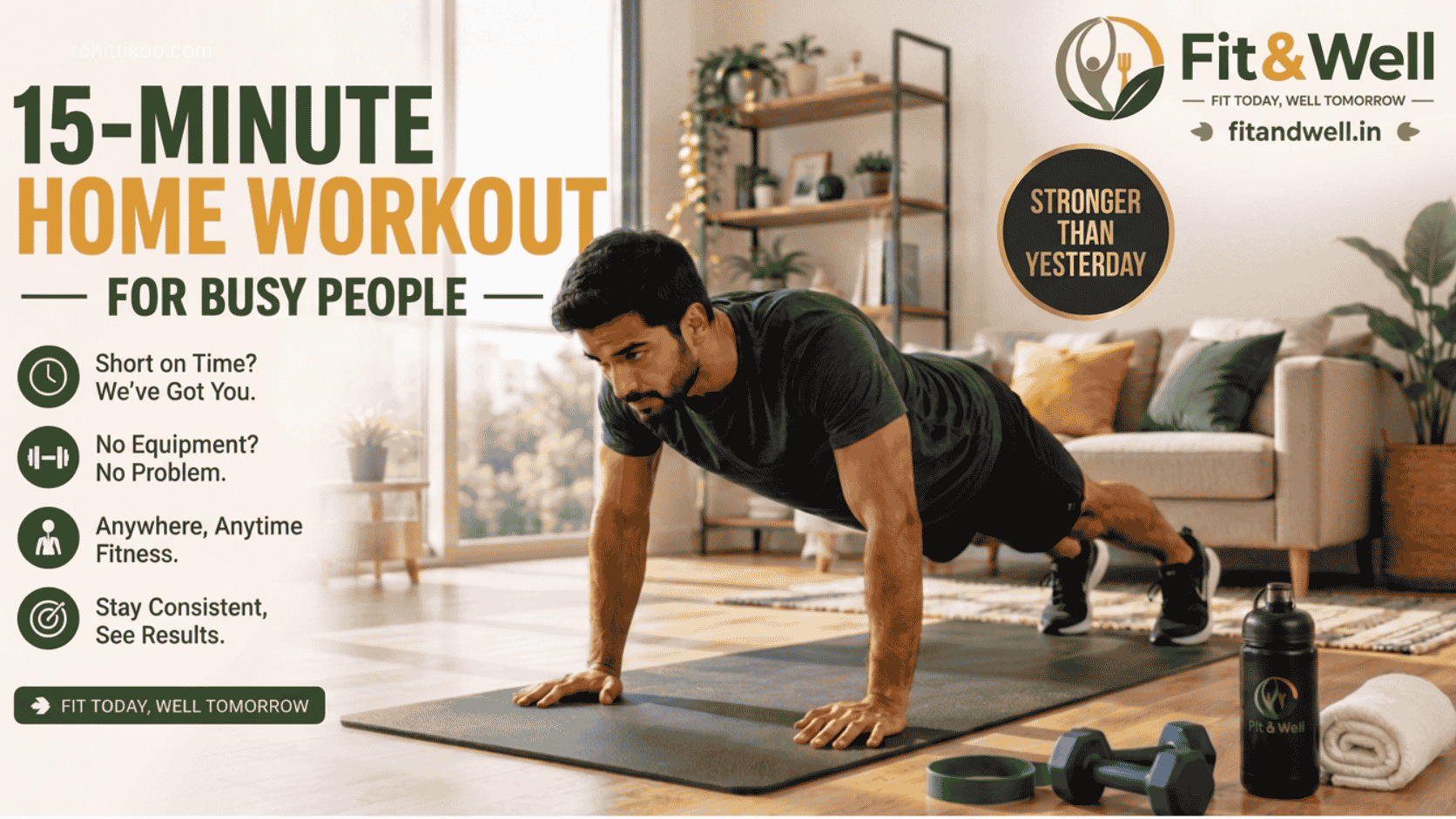 15-minute home workout for busy people featuring a beginner performing a plank exercise at home with the Fit & Well fitness guide.