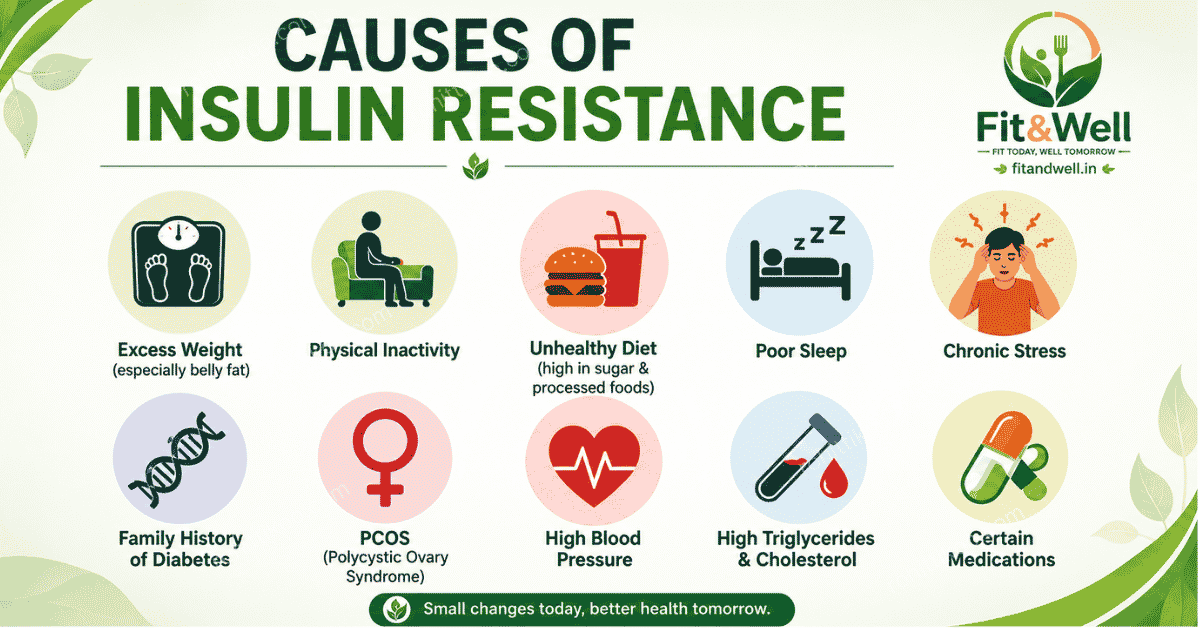 Infographic showing the common causes of insulin resistance, including obesity, physical inactivity, poor diet, genetics, PCOS, poor sleep, chronic stress, and certain medications.