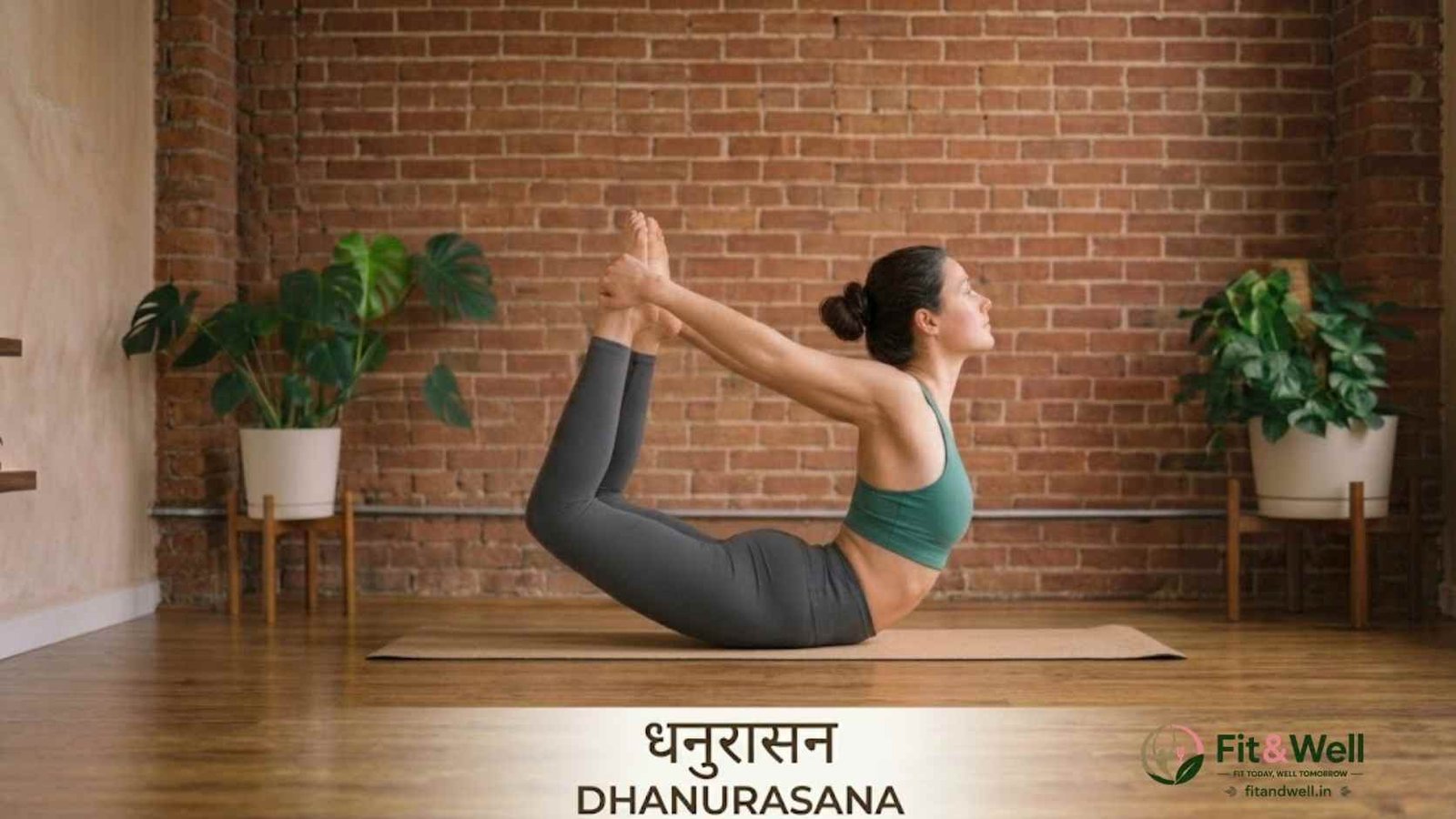 Dhanurasana (Bow Pose) performed indoors to strengthen the back, improve flexibility, and support weight loss through regular yoga practice.