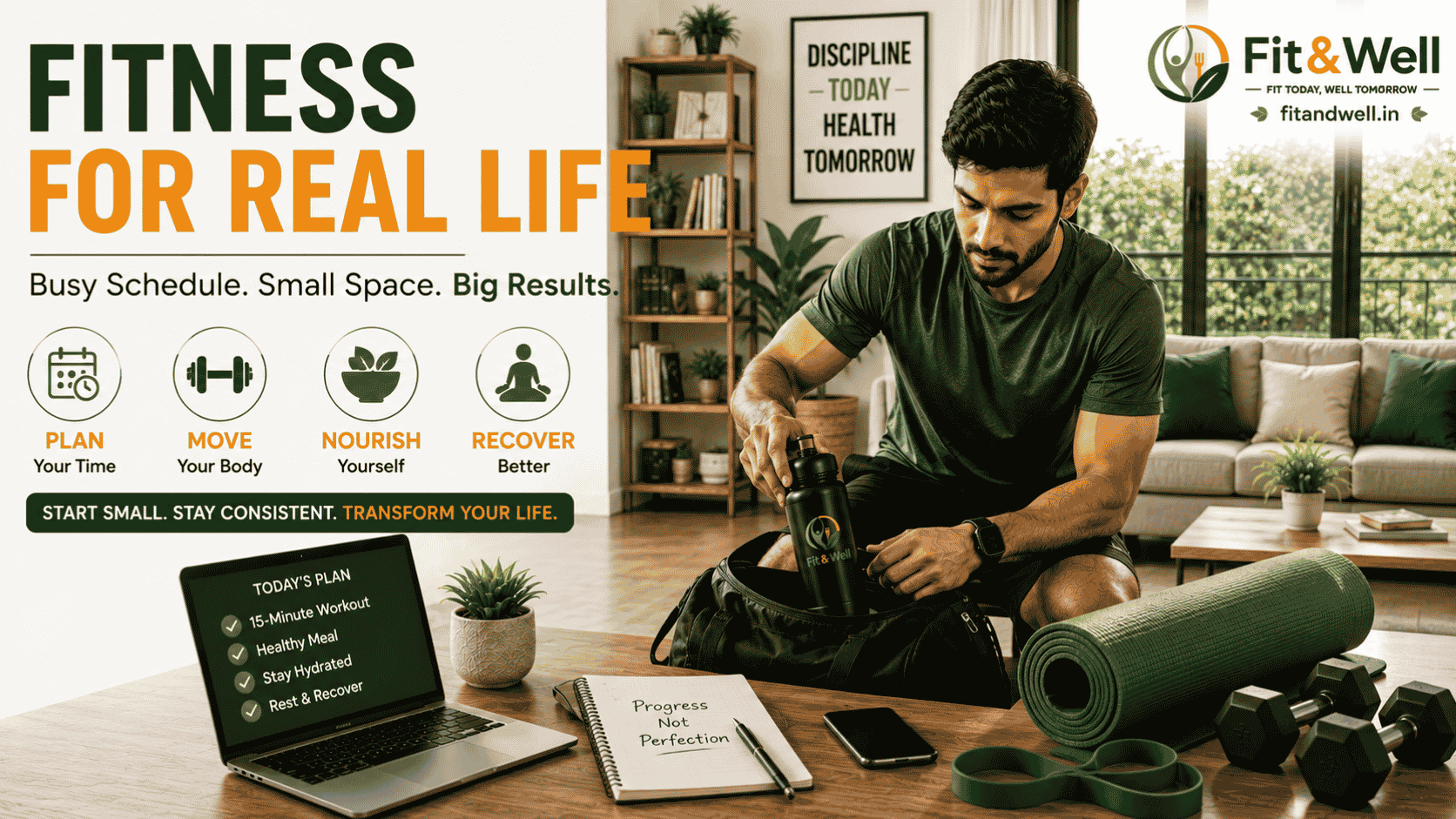 Fitness for real life banner showing a busy professional preparing for a home workout with a yoga mat, dumbbells and a personalised fitness plan in a modern living room.