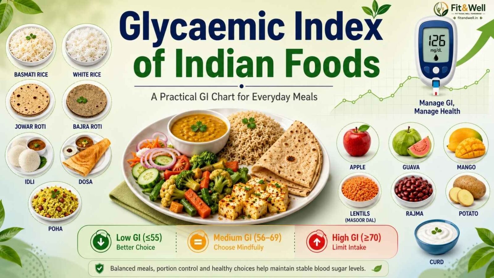 Glycaemic Index of Indian Foods infographic showing a balanced Indian meal, common Indian foods, a colour-coded GI scale, and a glucose meter to help readers make healthier everyday food choices.