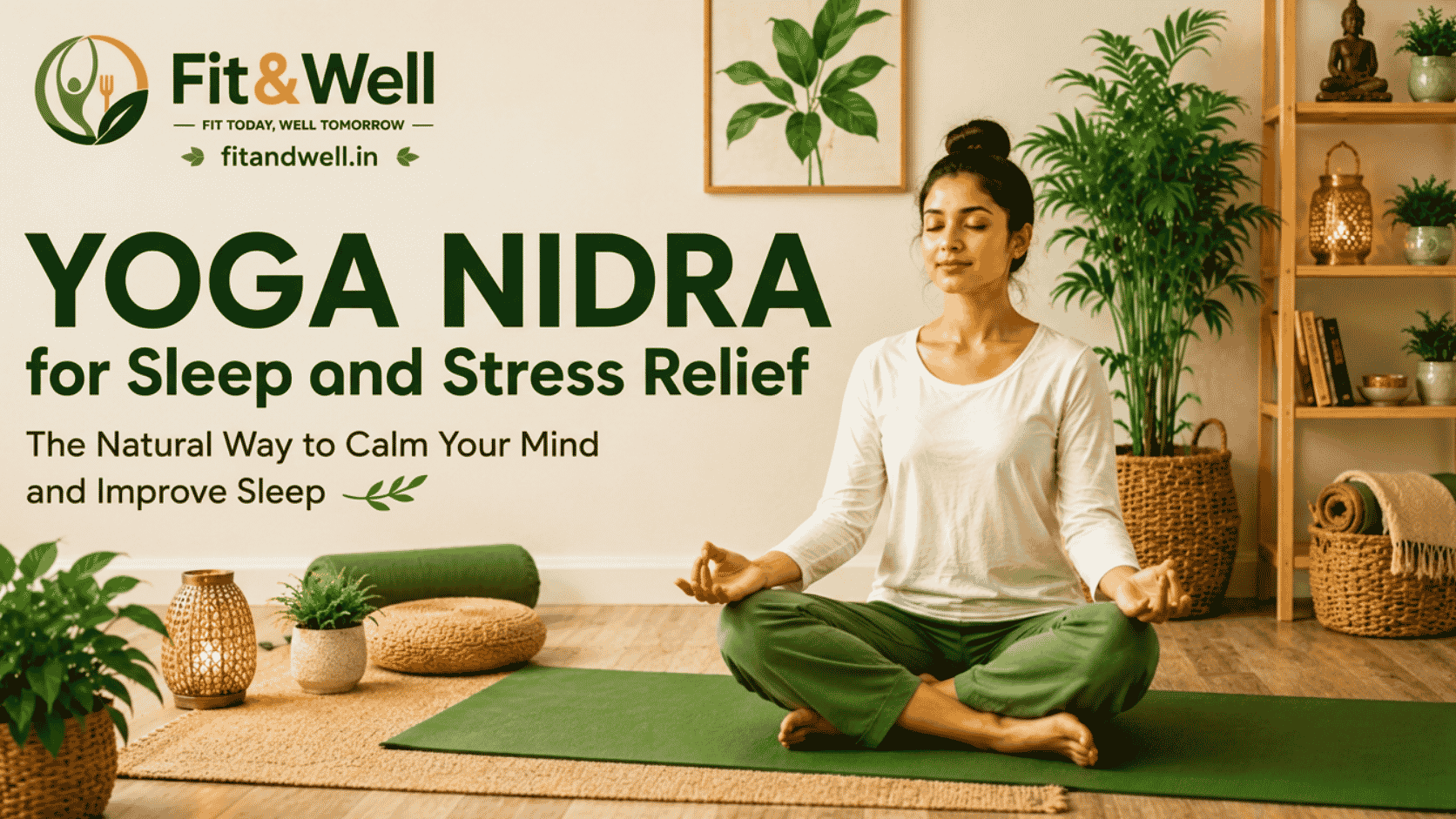 Woman practising Yoga Nidra meditation in a peaceful indoor space to reduce stress and improve sleep quality.