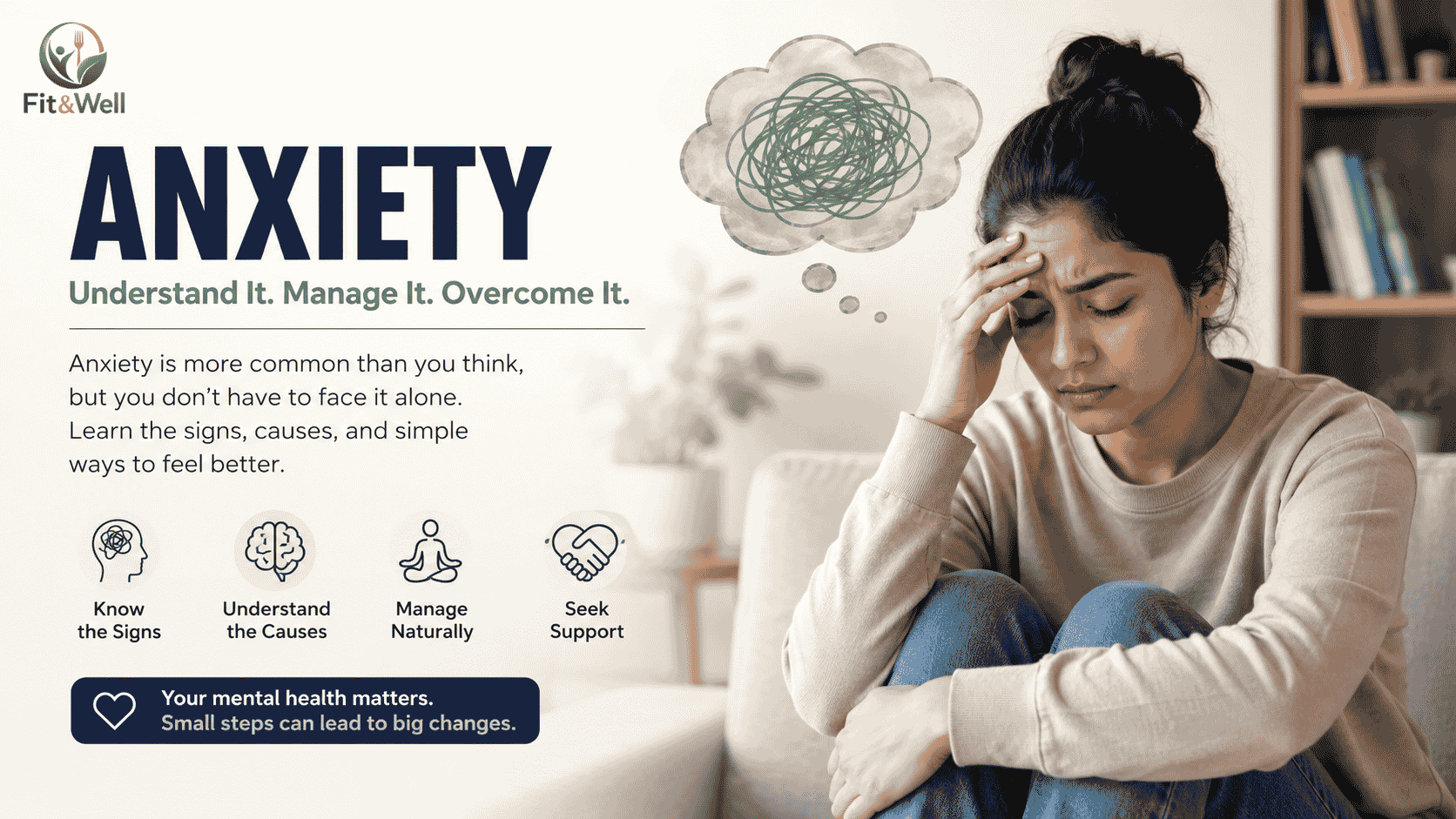Young woman experiencing anxiety while sitting at home, illustrating common symptoms, causes, and mental health support.