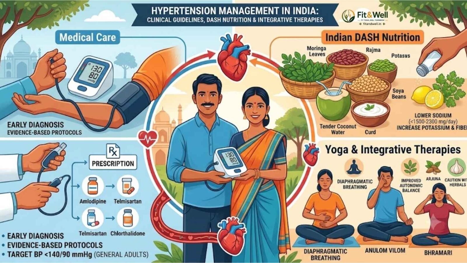 A colorful infographic illustrating a multifaceted approach to hypertension management in India. It is divided into four main sections: Medical Care (top left), Indian DASH Nutrition (top right), Yoga & Integrative Therapies (bottom right), and specific guidelines and goals (bottom left). In the center, a smiling Indian couple in traditional clothing holds a digital blood pressure monitor displaying 130/80 mmHg, surrounded by hearts and a map of India.