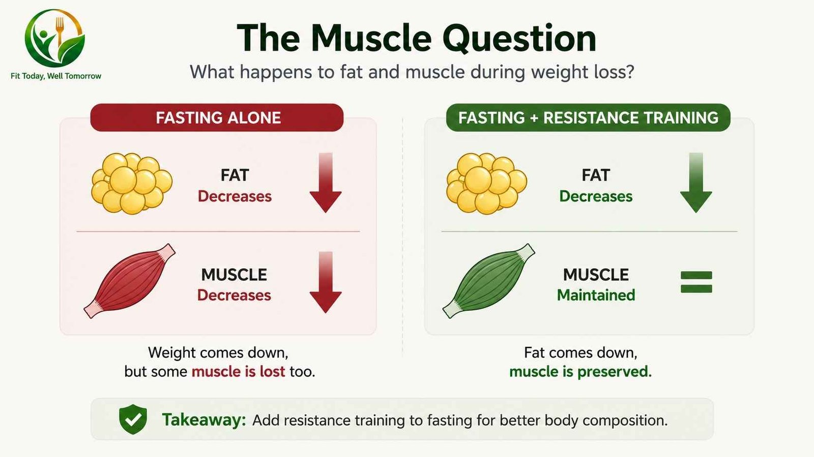 Diagram showing Intermitten fasting alone reduces both fat and muscle, while fasting combined with exercise preserves muscle