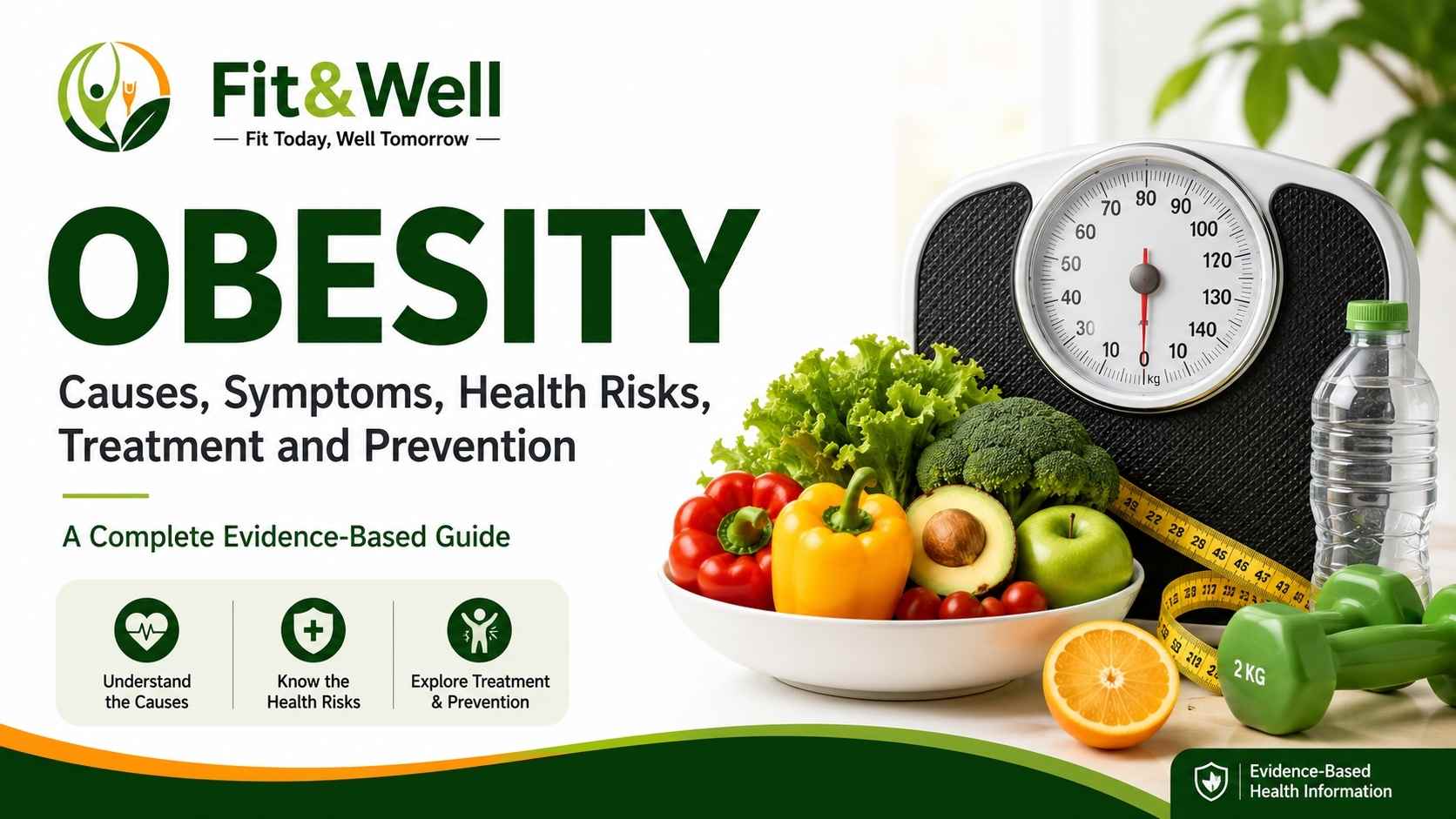 Obesity guide featuring healthy foods, weighing scale, measuring tape and Fit&Well branding, illustrating causes, symptoms, health risks, treatment and prevention.