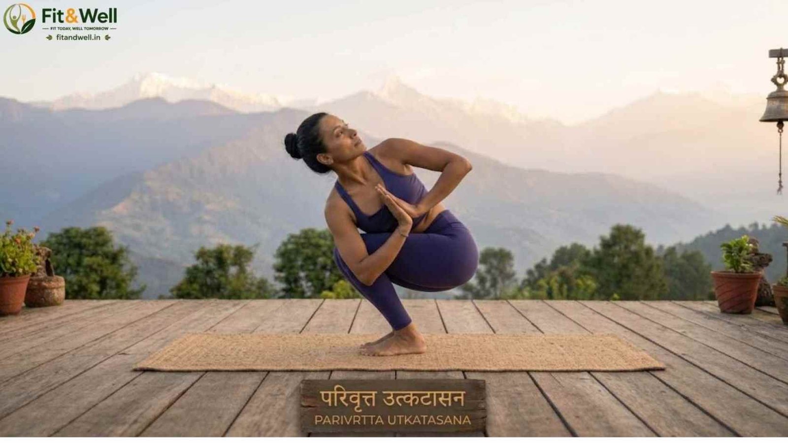 Parivrtta Utkatasana (Revolved Chair Pose) performed outdoors to strengthen the legs, engage the core, improve balance, and support weight loss through yoga.