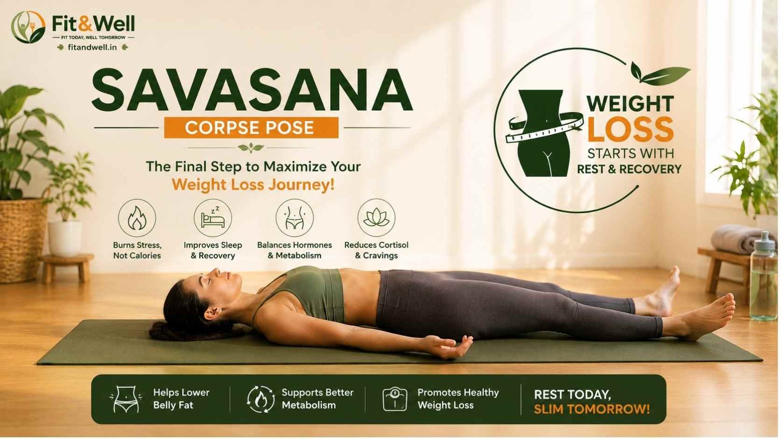 Savasana (Corpse Pose) performed indoors to promote deep relaxation, reduce stress, and support healthy weight management through recovery-focused yoga practice.
