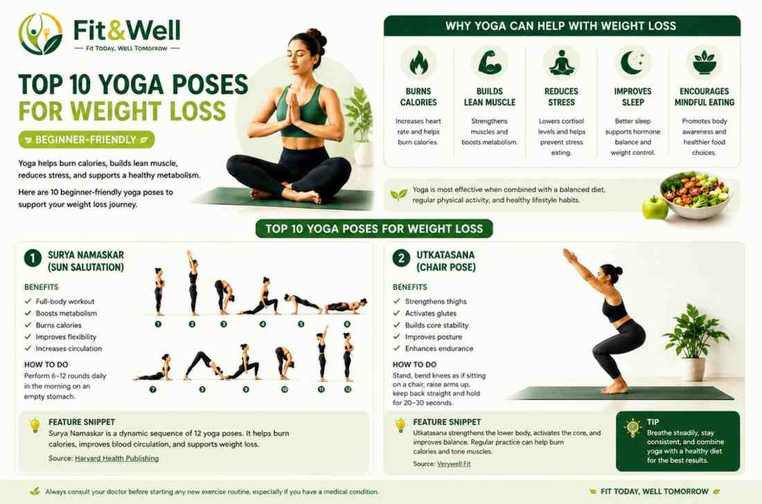 Illustrated guide showing the top 10 beginner-friendly yoga poses for weight loss, including Sun Salutation, Chair Pose and the health benefits of regular yoga practice.
