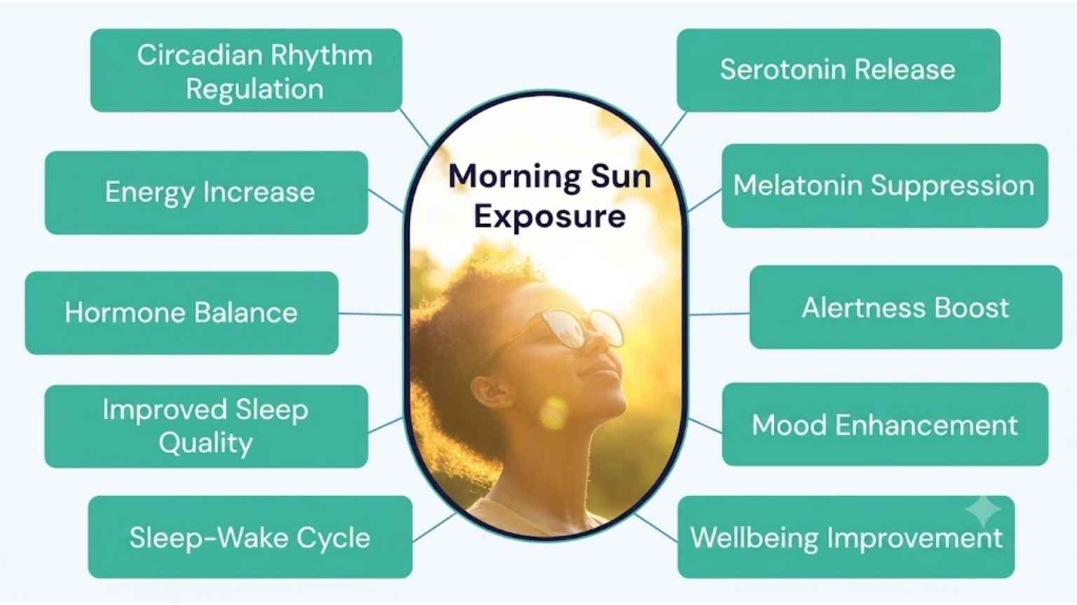 A detailed infographic diagram illustrating ten distinct health benefits connected to "Morning Sun Exposure". A central photo of a woman smiling at the sun is surrounded by teal labels listing benefits such as "Improved Sleep Quality", "Energy Increase", "Serotonin Release", and "Wellbeing Improvement".