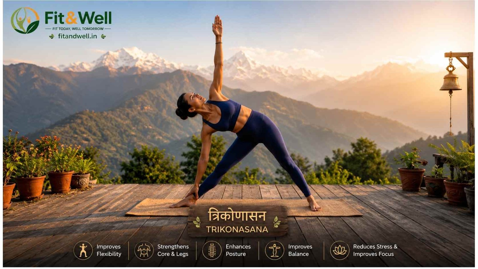 Trikonasana (Triangle Pose) performed outdoors to improve flexibility, strengthen the core, and support weight loss through a balanced yoga practice.
