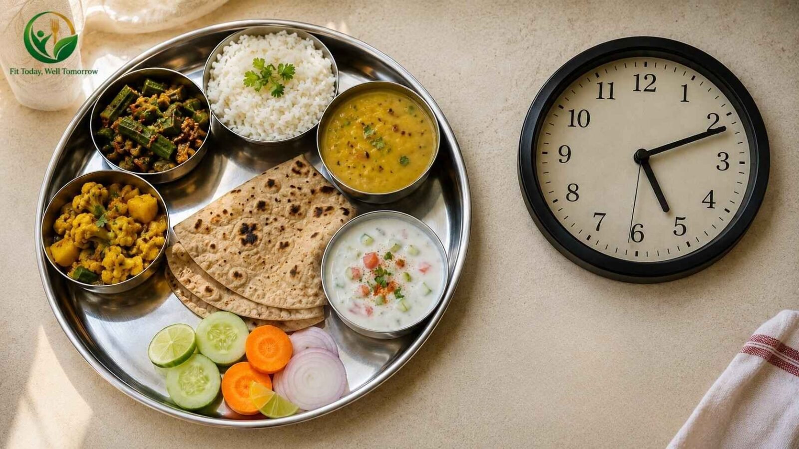 Indian thali meal beside a clock showing early evening, illustrating time-restricted eating for Intermittent Fasting