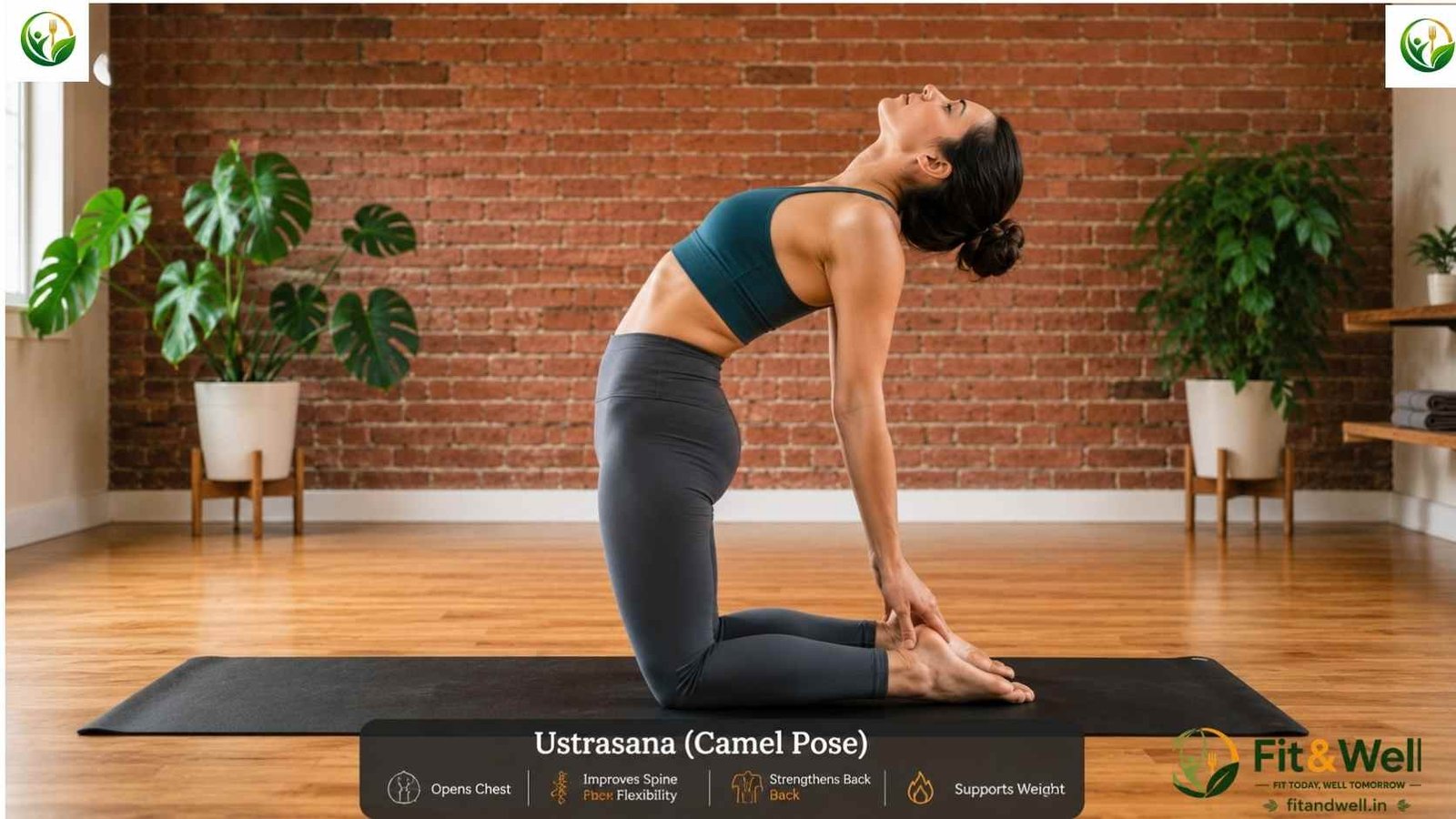 Ustrasana (Camel Pose) performed indoors to improve spinal flexibility, open the chest, and support weight loss through regular yoga practice.