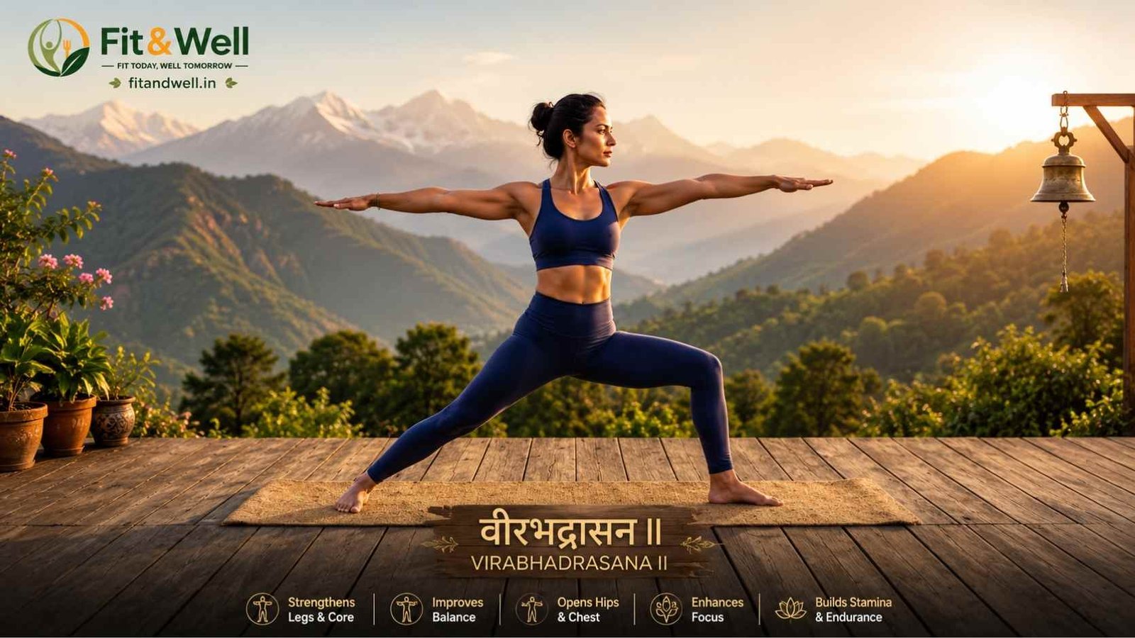 Virabhadrasana II (Warrior II Pose) performed outdoors to strengthen the legs, improve balance, and support weight loss through a full-body yoga practice.