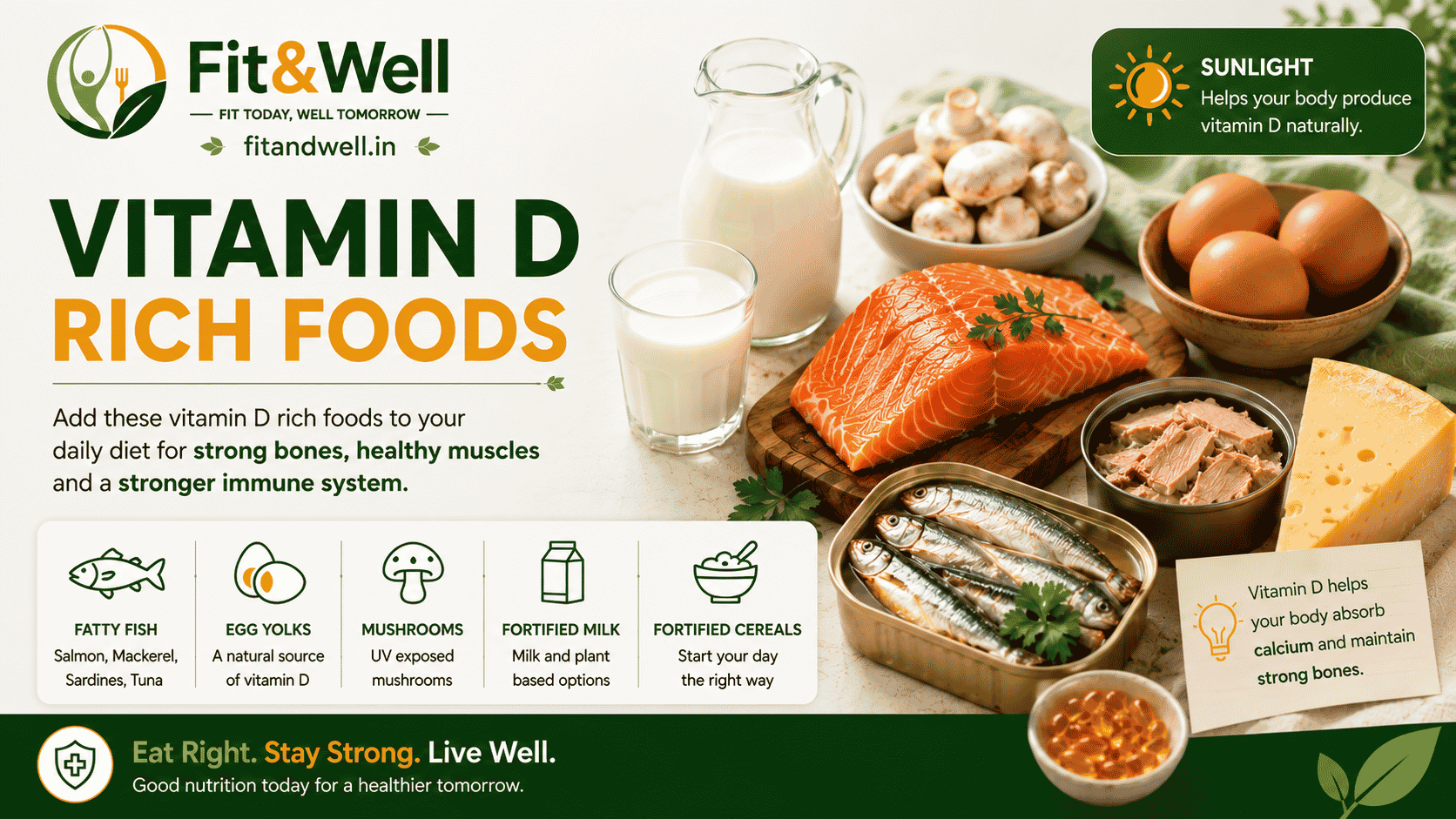 Vitamin D-rich foods infographic featuring salmon, eggs, mushrooms, fortified milk, fortified cereals, and sunlight to support healthy vitamin D levels, strong bones, and muscle health.