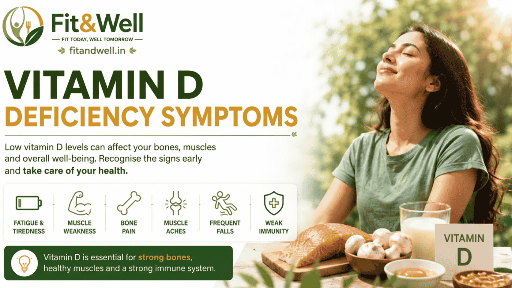 Vitamin D deficiency symptoms infographic showing fatigue, muscle weakness, bone pain, weak immunity, healthy foods, and sunlight for better bone and muscle health.