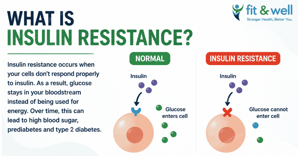 Illustration explaining how insulin resistance prevents cells from responding properly to insulin, causing glucose to remain in the bloodstream.