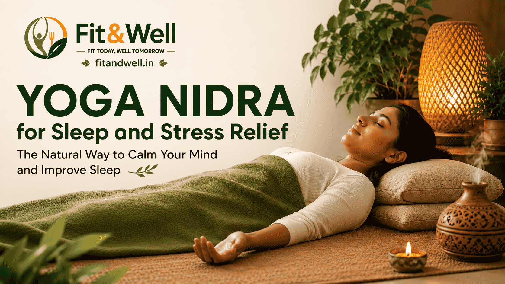 Woman practising Yoga Nidra in a peaceful room to promote better sleep, relaxation, and natural stress relief.