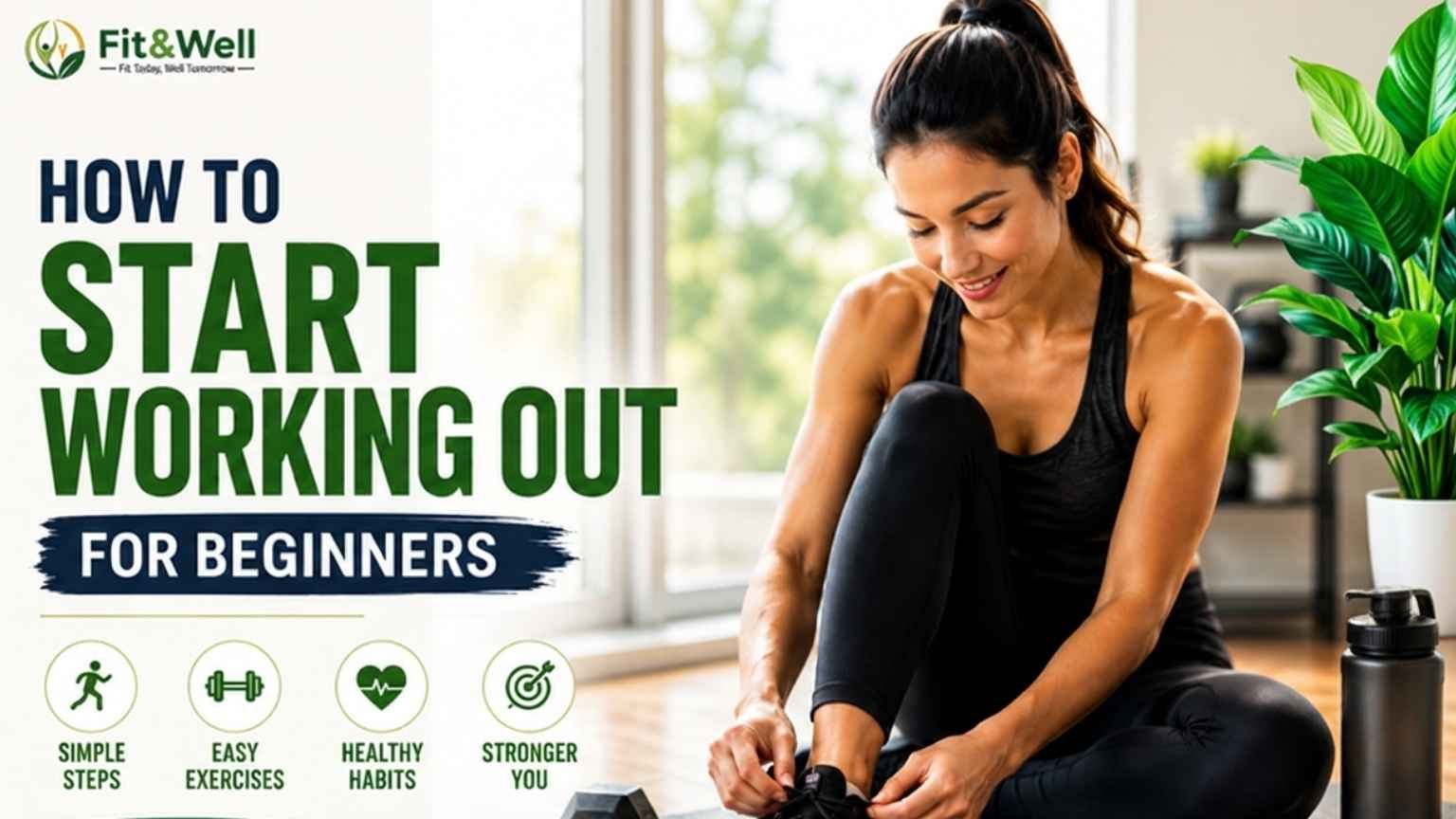 Woman tying her running shoes before a beginner workout in a bright home gym, illustrating how to start working out for beginners.