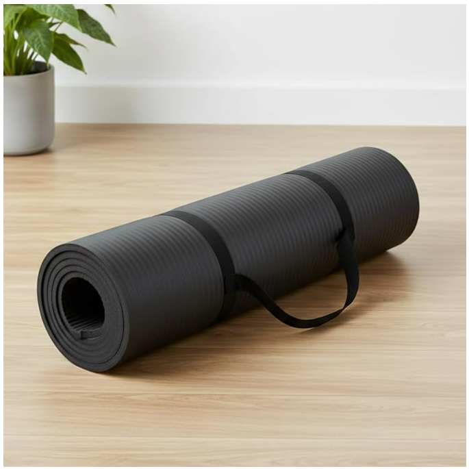he AmazonBasics 13mm NBR exercise and yoga mat with carrying strap, a budget-friendly pick for hard-floor beginners
