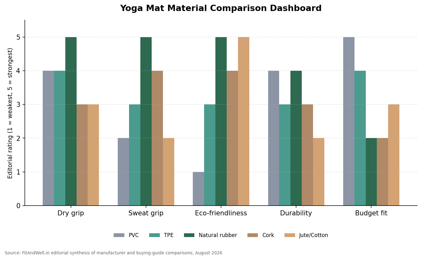 Grouped bar chart comparing PVC, TPE, natural rubber, cork and jute or cotton yoga mats on dry grip, sweat grip, eco-friendliness, durability and budget fit, rated one to five