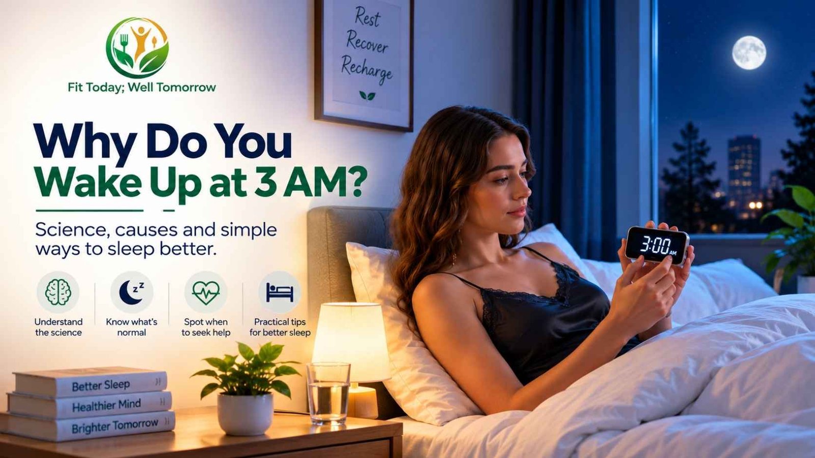 Woman lying awake in bed at 3 AM, holding a digital clock while looking for answers about night waking